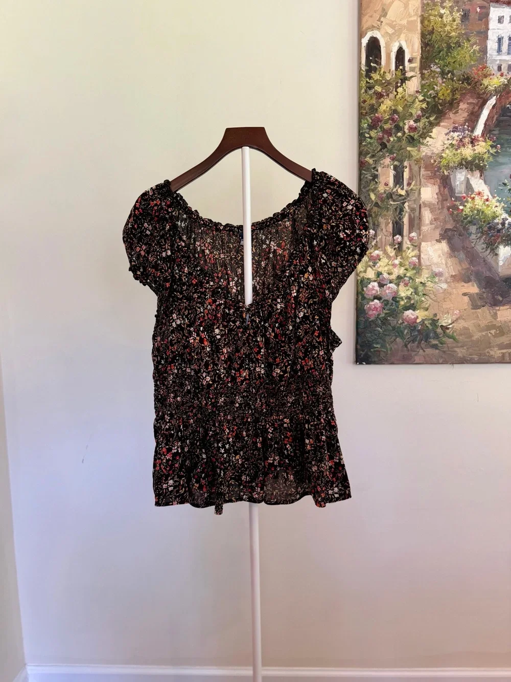 Old Navy Black Floral Puff Sleeve Smocked Peplum Blouse XL Cottagecore Top